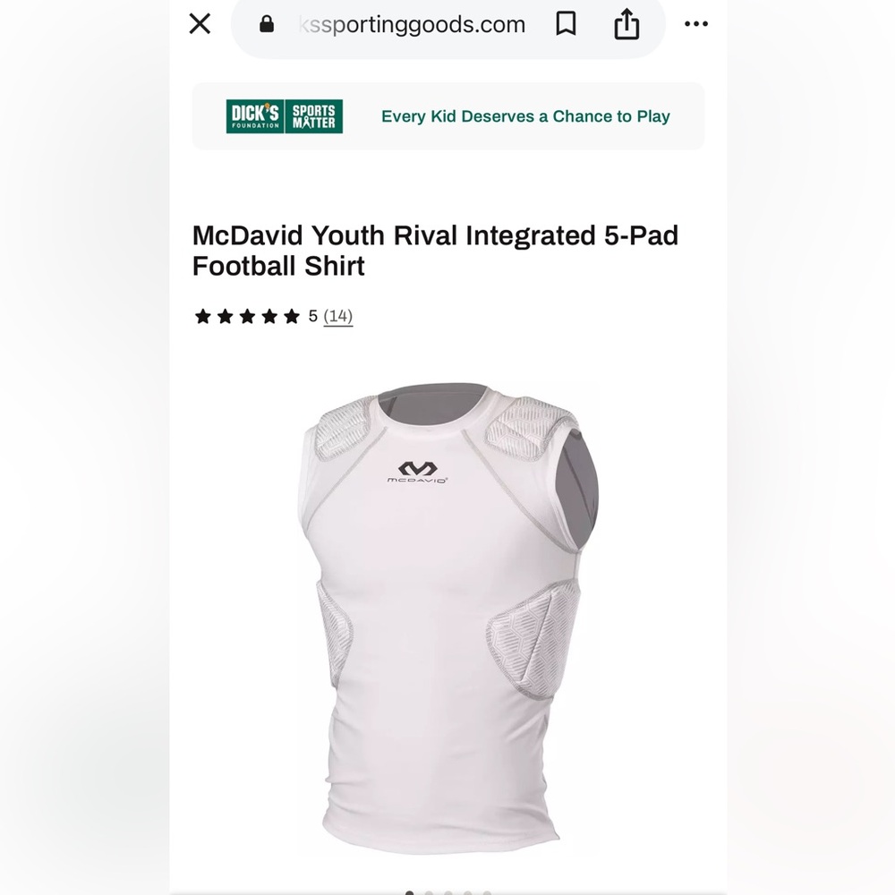 McDavid Youth Rival Integrated 5-Pad Football Shirt, Sz medium - Picture 3 of 3